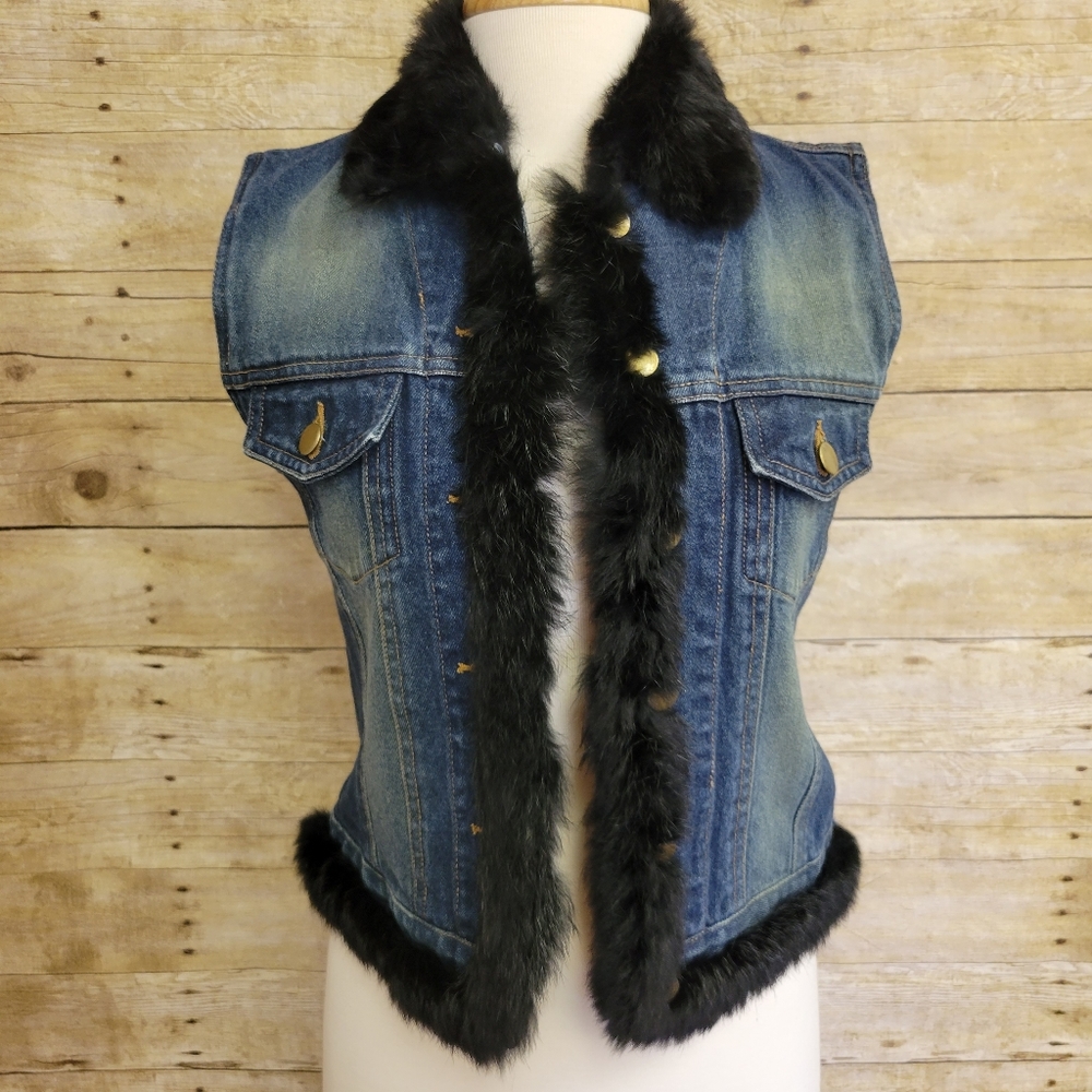 Cejian Jean Vest with Rabbit Fur